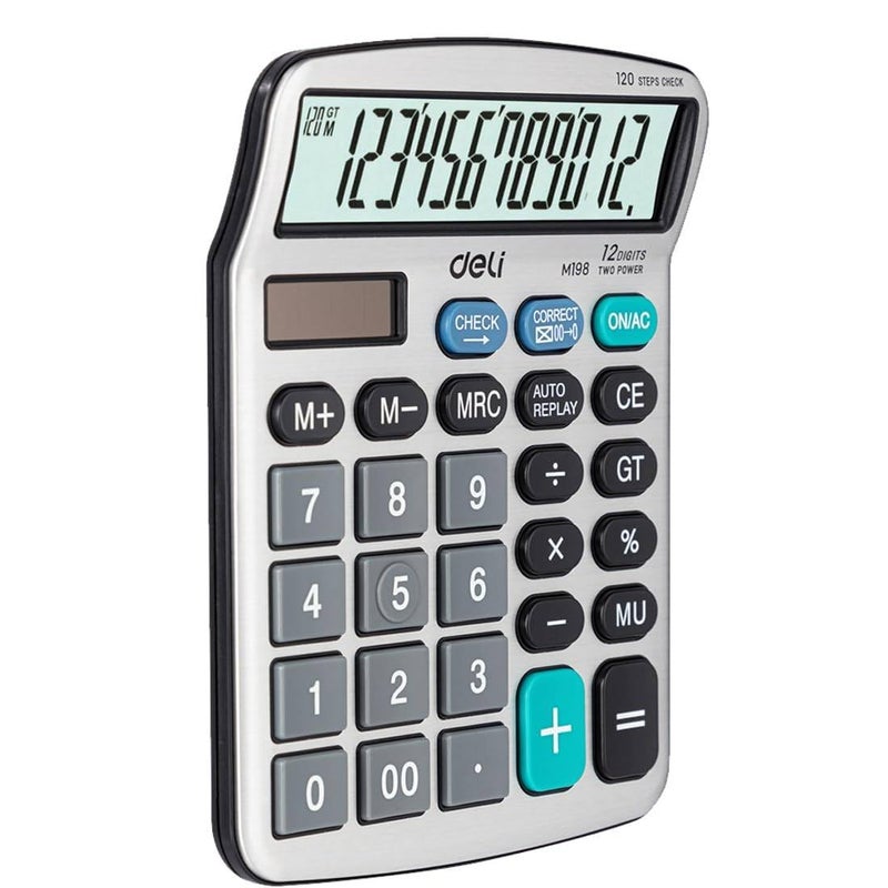 Deli آلة حاسبة مزدوجة الطاقة 12 رقم مع خيار التحقق والتصحيح 120 خطوة | ضمان 3 سنوات | - فضي - Image 2