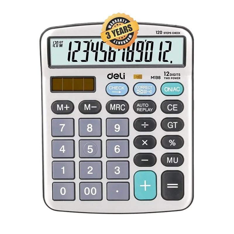 Deli آلة حاسبة مزدوجة الطاقة 12 رقم مع خيار التحقق والتصحيح 120 خطوة | ضمان 3 سنوات | - فضي - Image 1