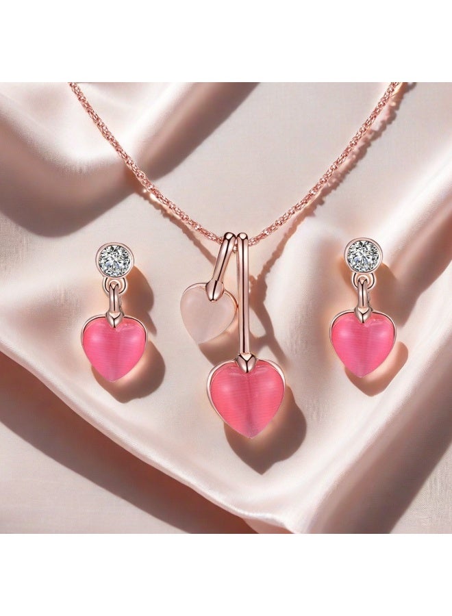 Goolsky طقم قلادة وأقراط زيركونيا قلب وردي رومانسي – هدية مجوهرات كريستالية متلألئة - Image 2