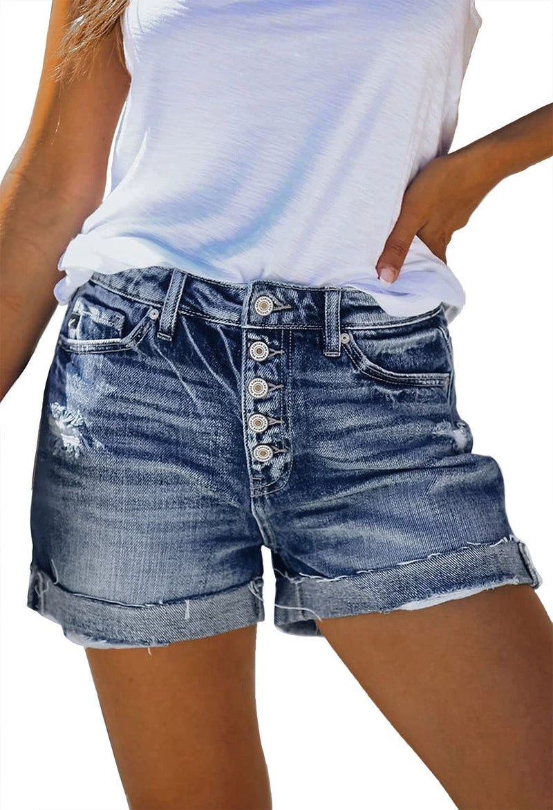 Pink Queen Teens Athletic Ripped Shorts Ladies Distressed Frayed Short Jeans Mid High Rise Tummy Control Rolled Cut Off Shorts Summer Spring Beach Pocketed Denim Shorts Blue L - Image 1