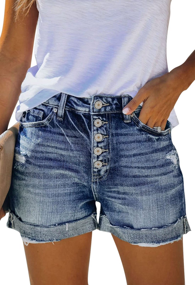 Pink Queen Teens Athletic Ripped Shorts Ladies Distressed Frayed Short Jeans Mid High Rise Tummy Control Rolled Cut Off Shorts Summer Spring Beach Pocketed Denim Shorts Blue L - Image 2