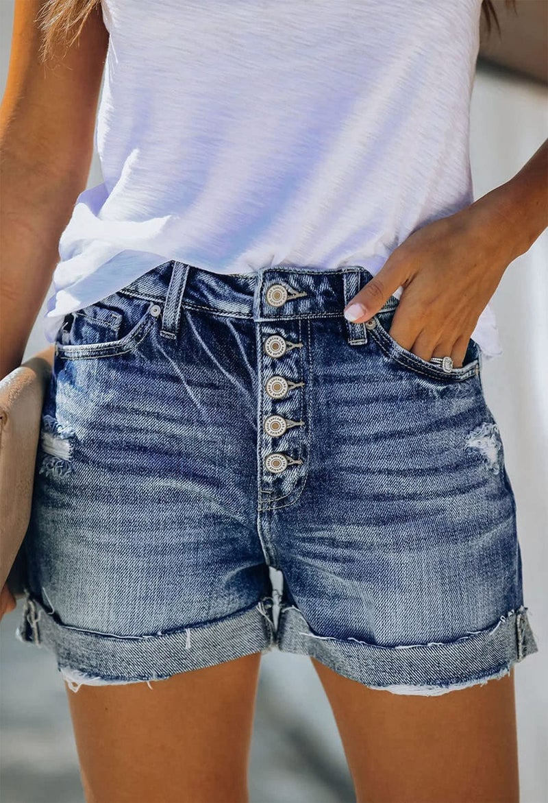 Pink Queen Teens Athletic Ripped Shorts Ladies Distressed Frayed Short Jeans Mid High Rise Tummy Control Rolled Cut Off Shorts Summer Spring Beach Pocketed Denim Shorts Blue L - Image 4