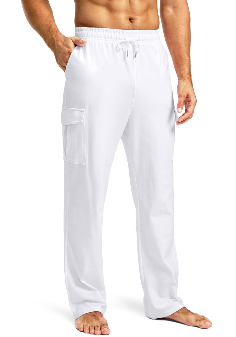 Pudolla Men's Cotton Sweatpants with Cargo Pockets Open Bottom Yoga Pants for Men Lounge Pants for Athletic Workout Casual(White XX-Large) - Image 1