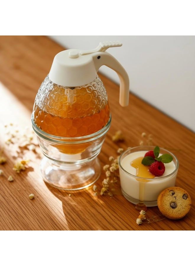 Ahhute Honey Dispenser, Glass Honey Dispenser Jars, 8oz Honeycomb Design No Drip Honey with Stand - Elegant Glass Honey Container for Gifts - Image 4