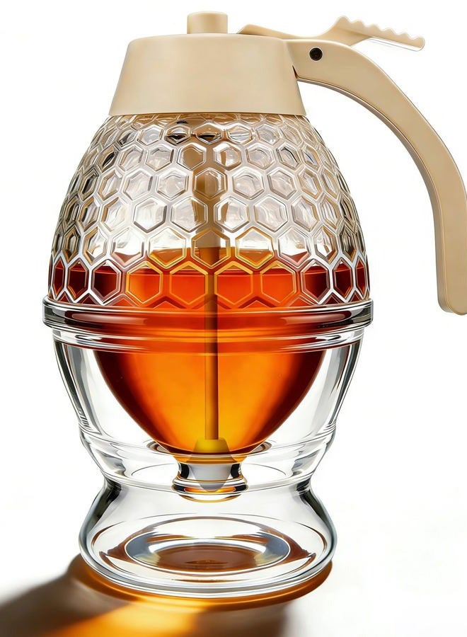 Ahhute Honey Dispenser, Glass Honey Dispenser Jars, 8oz Honeycomb Design No Drip Honey with Stand - Elegant Glass Honey Container for Gifts - Image 1