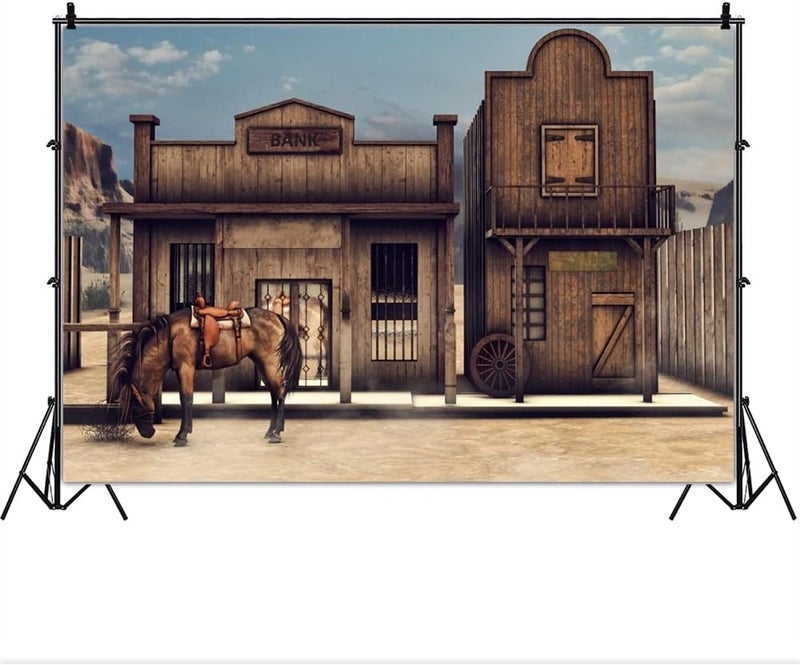 Laeacco 7x5ft Vintage Western Bank Backdrop Retro Wild West Wooden House Photography Background Old Horse Barn Western Cowboy Theme Party Decor Banner Boys Man Portrait Photo Studio Shoot Props - Image 1