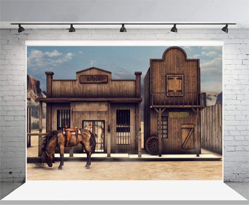 Laeacco 7x5ft Vintage Western Bank Backdrop Retro Wild West Wooden House Photography Background Old Horse Barn Western Cowboy Theme Party Decor Banner Boys Man Portrait Photo Studio Shoot Props - Image 3