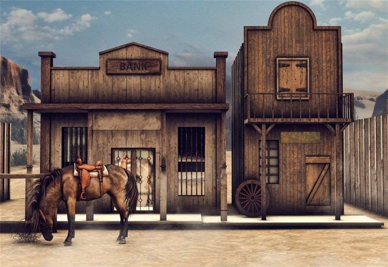 Laeacco 7x5ft Vintage Western Bank Backdrop Retro Wild West Wooden House Photography Background Old Horse Barn Western Cowboy Theme Party Decor Banner Boys Man Portrait Photo Studio Shoot Props - Image 4