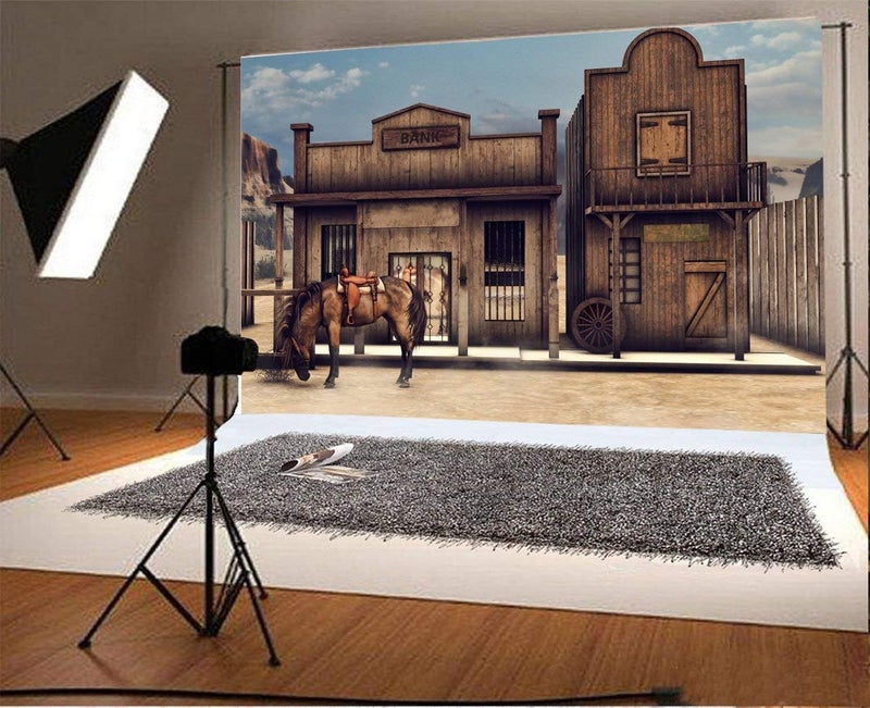 Laeacco 7x5ft Vintage Western Bank Backdrop Retro Wild West Wooden House Photography Background Old Horse Barn Western Cowboy Theme Party Decor Banner Boys Man Portrait Photo Studio Shoot Props - Image 2