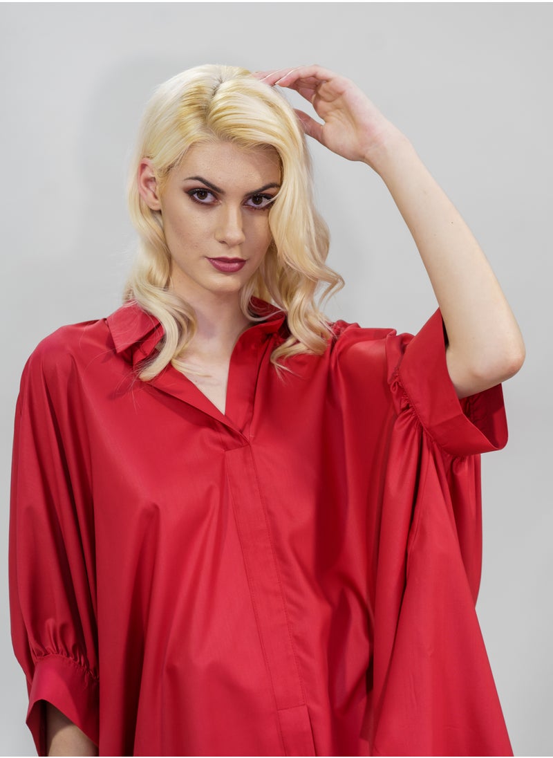 BITOLIA GALLERY - Red Poplin Tunic Butterfly Sleeve - Image 1