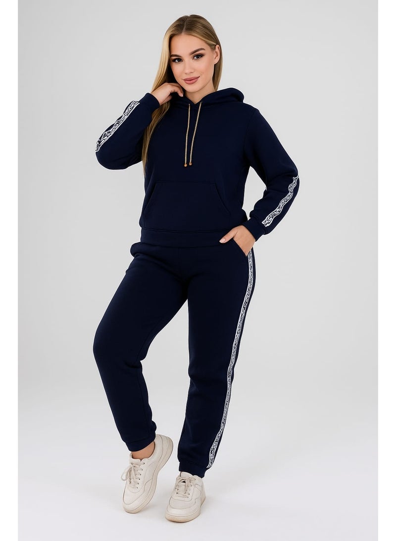 zecotex  Women's Winter Tracksuit Set - Navy Blue Cotton Fleece Hoodie and Joggers - Side Stripes - Image 1