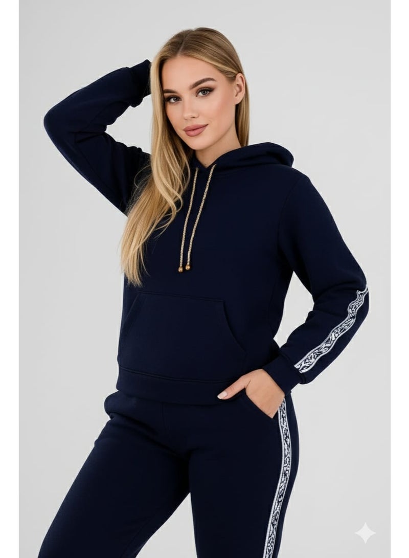 zecotex  Women's Winter Tracksuit Set - Navy Blue Cotton Fleece Hoodie and Joggers - Side Stripes - Image 3