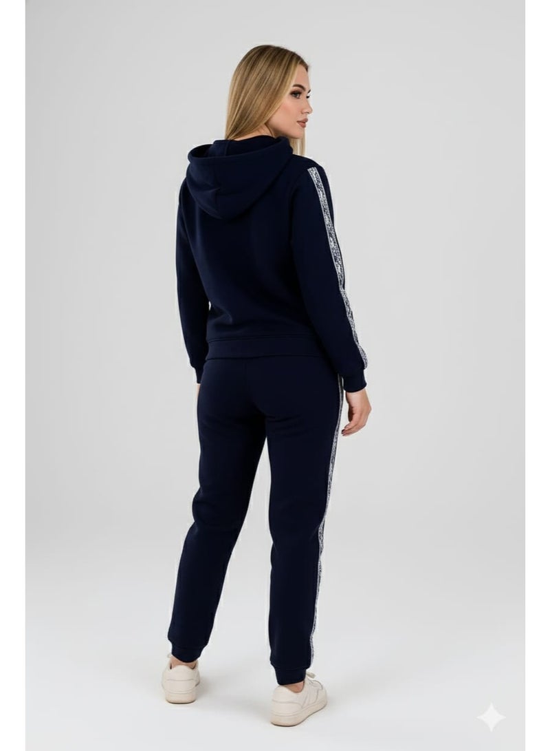 zecotex  Women's Winter Tracksuit Set - Navy Blue Cotton Fleece Hoodie and Joggers - Side Stripes - Image 4