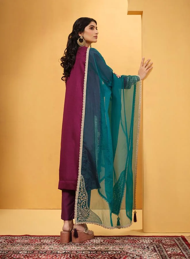 Ishin Women's Purple Silk Blend Embellished Tunic Upperwear Calf Length Palazzo Bottomwear Straight Fit 3 Peice Kurta Set
