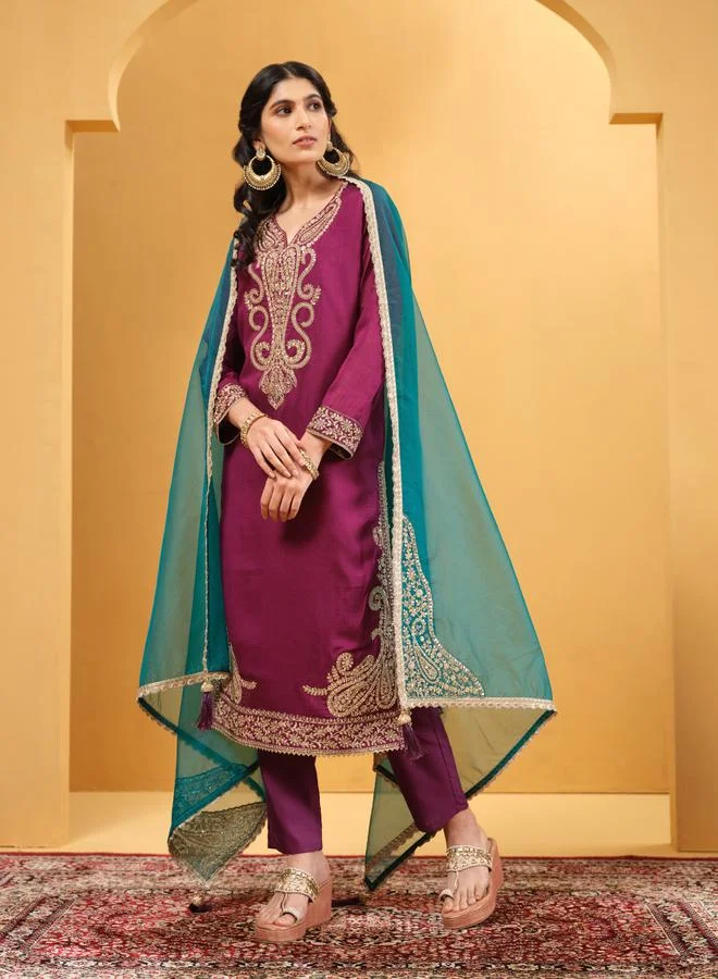 Ishin Women's Purple Silk Blend Embellished Tunic Upperwear Calf Length Palazzo Bottomwear Straight Fit 3 Peice Kurta Set