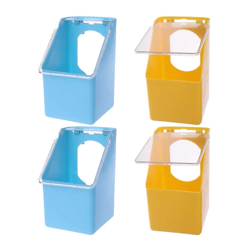 4 Pcs Hanging Bird Cage Food Bowls With Lids Plastic Feeders For Pigeons And Small Birds Blue And Yellow Set - Image 2