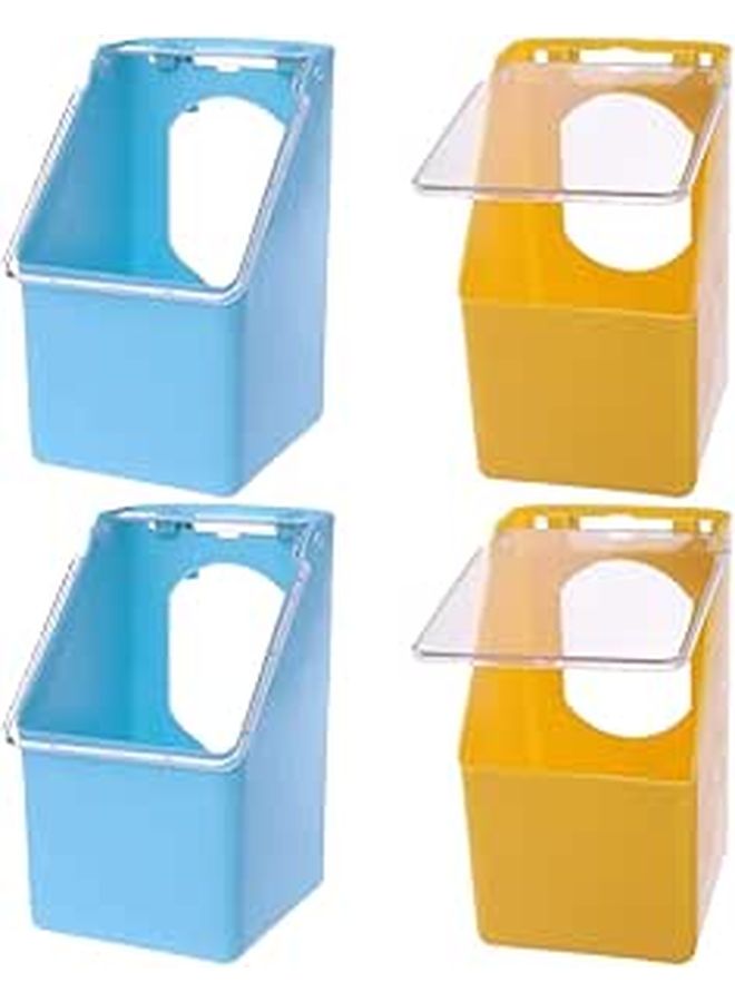 4 Pcs Hanging Bird Cage Food Bowls With Lids Plastic Feeders For Pigeons And Small Birds Blue And Yellow Set - Image 1