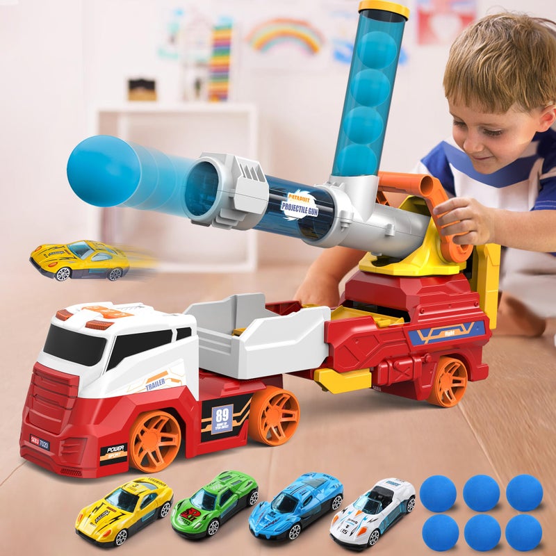 Dwi Dowellin Truck Toys for Kids  28"" Large Car Toys Include 4 Racing Cars+6 Ball  with Light & Sounds  Eejection&Shooting Transport Cars Toy  Gifts for Boys Girls-RED - Image 1