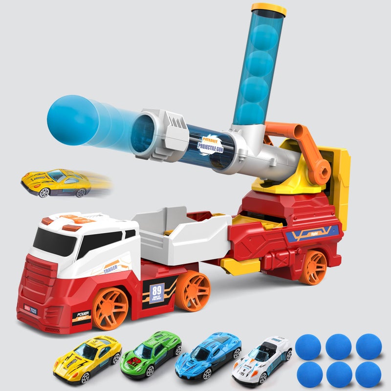 Dwi Dowellin Truck Toys for Kids  28"" Large Car Toys Include 4 Racing Cars+6 Ball  with Light & Sounds  Eejection&Shooting Transport Cars Toy  Gifts for Boys Girls-RED - Image 2