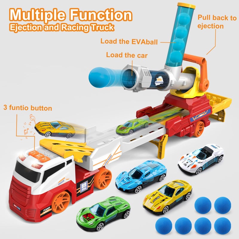 Dwi Dowellin Truck Toys for Kids  28"" Large Car Toys Include 4 Racing Cars+6 Ball  with Light & Sounds  Eejection&Shooting Transport Cars Toy  Gifts for Boys Girls-RED - Image 3