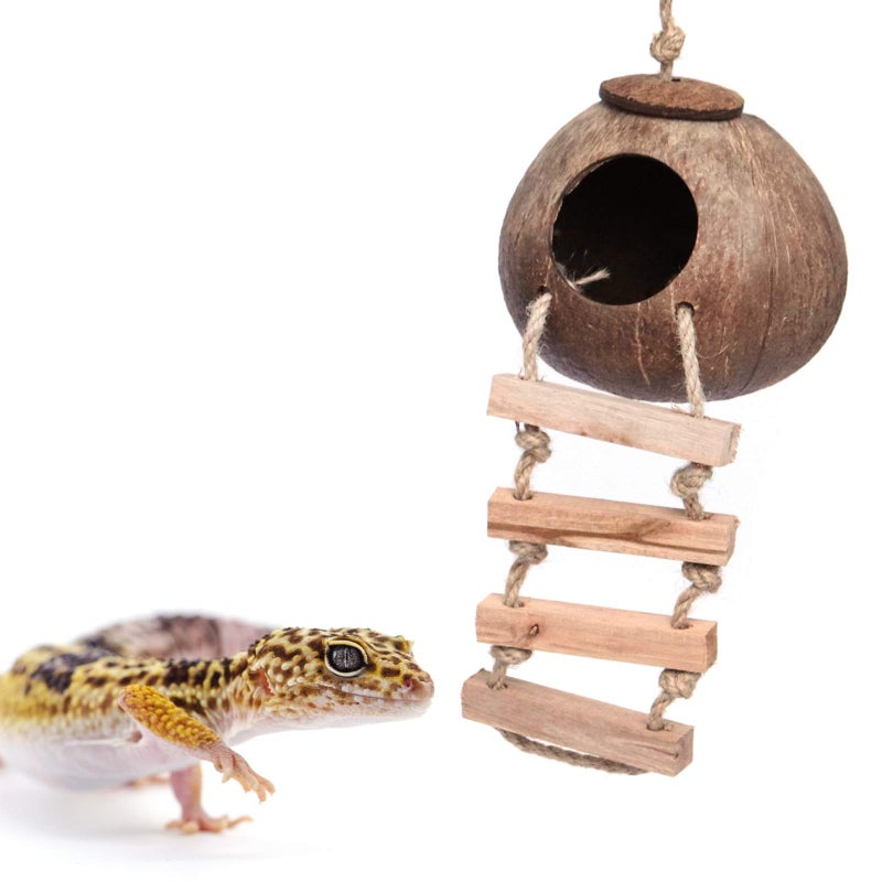 Besimple Gecko Coconut Husk Hut, Bird Hut Nesting House Hideouts with Ladder, Coco Texture Provide Food, Durable Cave Habitat with Hanging Loop for Leopard Gecko, Reptiles, Amphibians and Small Animals - Image 1