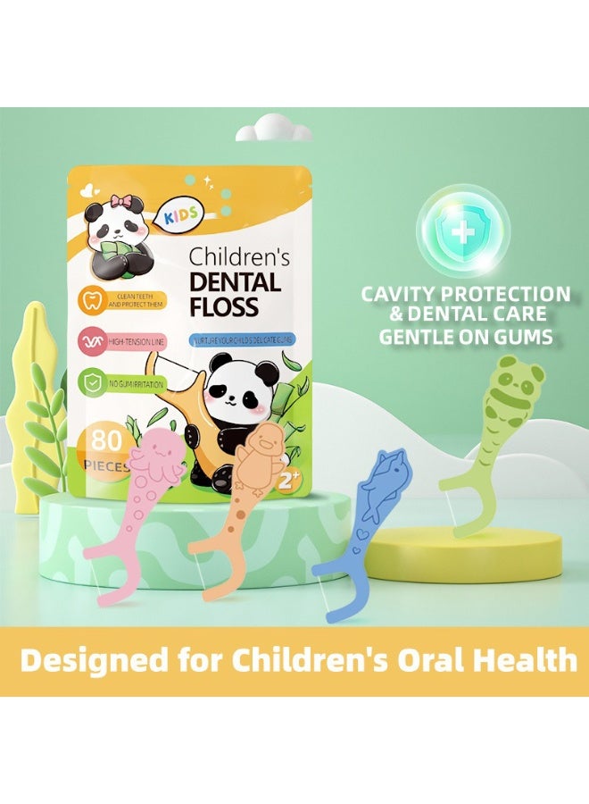 Dental Floss Picks for Kids, Animal-Shaped Picks, Anti-Slip & Shred-Resistant Design & Eco-Friendly Handle & Strawberry Flavor,4 Colors, Ideal for Ages 2+, 80 Count (Pack of 1) - Image 1