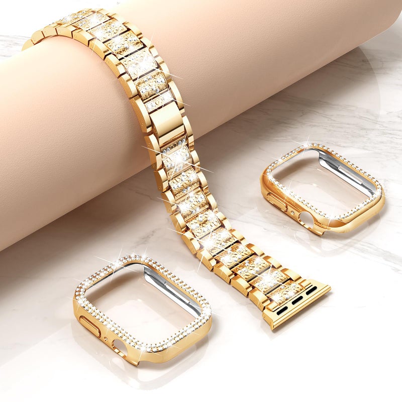 Mosonio Compatible with Apple Watch Band 44mm with Case Women, Jewelry Replacement Metal Wristband Strap with 2 Pack Bling PC Protective Cover for iWatch Series 6/5/4(Rose Gold) - Image 4