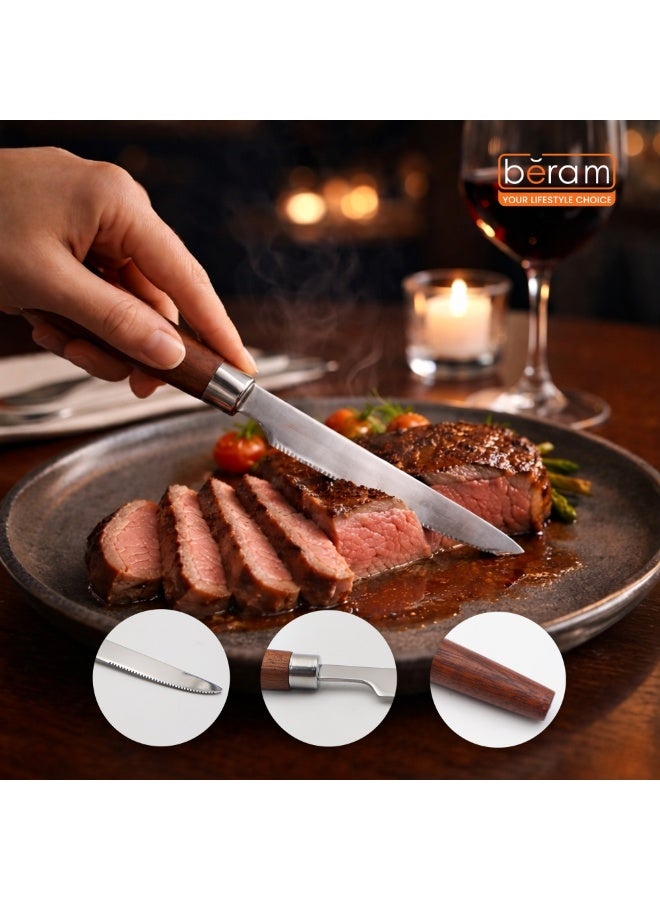 BERAM Woodland Steel Dining Knife 2Pc Premium 420 Stainless Steel Blade with Wooden Handle Sharp Table Knife Kitchen Cutlery for Dinner Salad Dessert Home Restaurant Café - Image 3