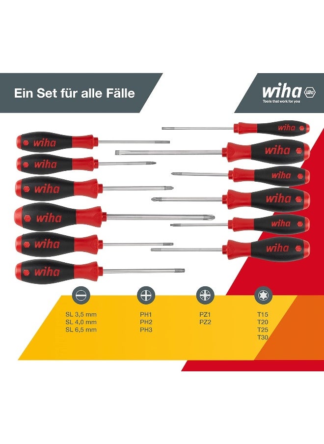 Wiha Schraubendreher Set Softfinish (41002), 12 Pc Screwdriver Set For Everyday Use, Handicraft And Industry, Screwdriver Tool For Dry Applications, Slotted/Phillips/Pozidriv/Torx