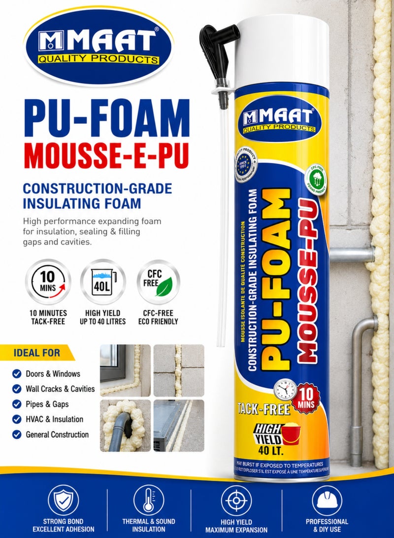 MAAT PU Foam Mousse-E-PU Construction Grade Insulating Foam, High Yield 40L, Fast Curing 10 Minutes, Strong Adhesion, Thermal & Sound Insulation Foam for Doors, Windows, Wall Cracks, Pipes & Gaps - Image 4