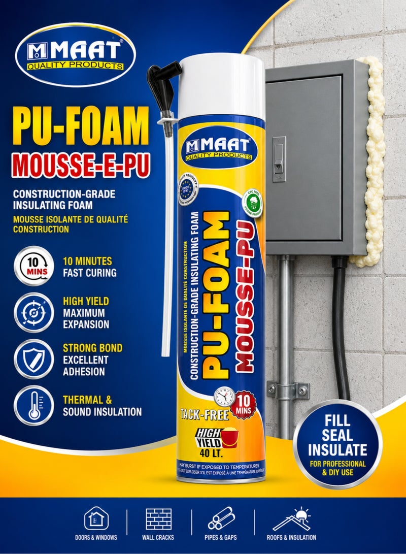 MAAT PU Foam Mousse-E-PU Construction Grade Insulating Foam, High Yield 40L, Fast Curing 10 Minutes, Strong Adhesion, Thermal & Sound Insulation Foam for Doors, Windows, Wall Cracks, Pipes & Gaps - Image 1