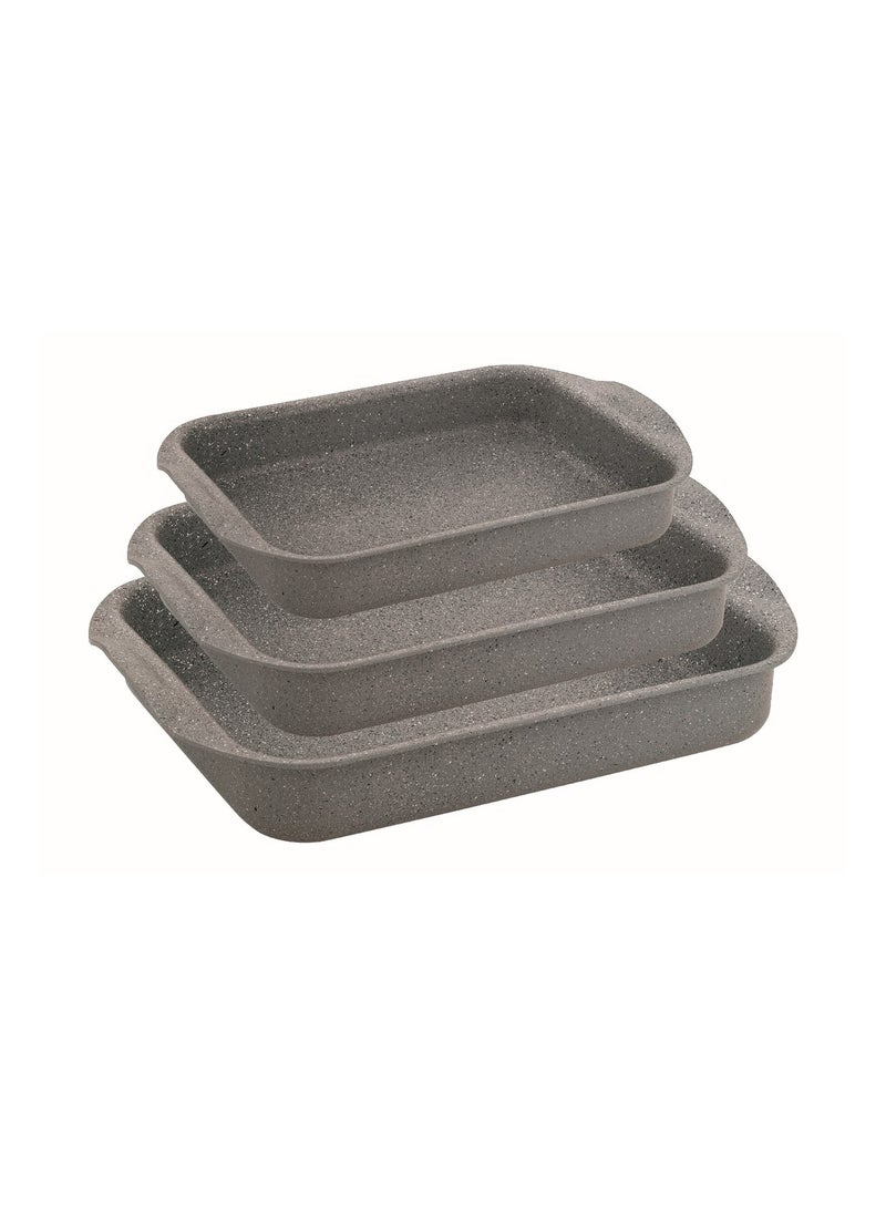 OZO 3 Pcs Grey Granite Rectangular Baking Trays, Oven Safe Trey, 31,33,35 Cm , 4 Layer Coating and Extra Thickened Non-stick
