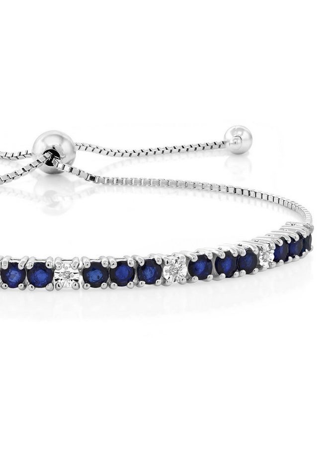 GEM STONE KING 925 Sterling Silver Blue Sapphire And White Diamond Tennis Bracelet Jewelry For Women (2.05 Cttw, Gemstone Birthstone, Fully Adjustable Up To 9 Inch)  - Image 3
