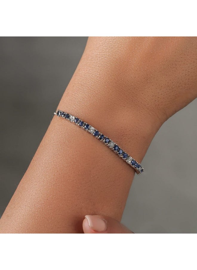 GEM STONE KING 925 Sterling Silver Blue Sapphire And White Diamond Tennis Bracelet Jewelry For Women (2.05 Cttw, Gemstone Birthstone, Fully Adjustable Up To 9 Inch)  - Image 5
