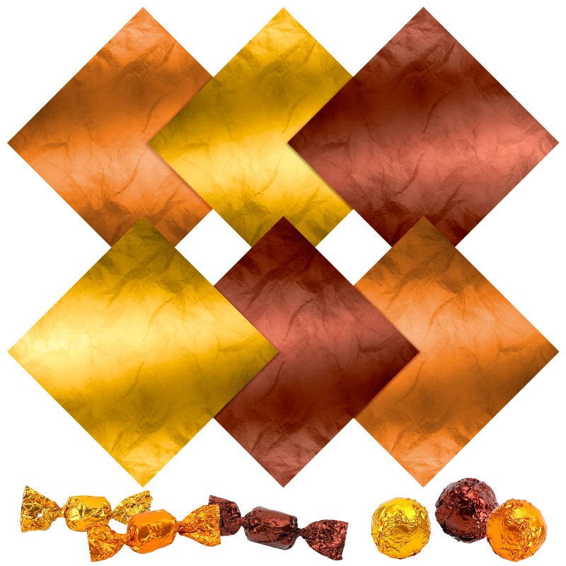 Whaline 300Pcs Aluminum Foil Chocolate Candy Wrappers Orange Gold Coffee Paper 59 x 59 Inch Fall Square Sweet Lollipop Paper Packaging Decoration for Autumn Food Candy Packaging