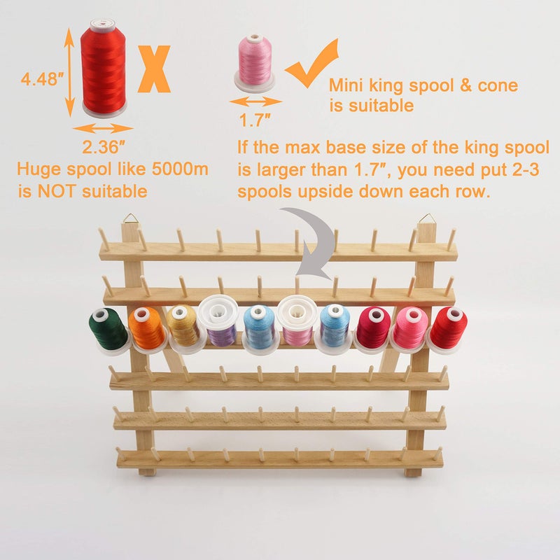 New brothread 2X60 Spools Wooden Thread Rack/Thread Holder Organizer with Hanging Hooks for Embroidery Quilting and Sewing Threads - Image 4