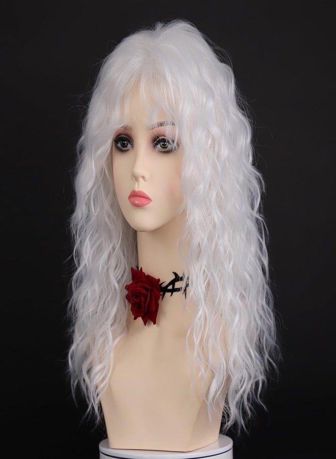 SEVENCOLORS Long White Curly Wigs with Bangs Natural Wavy Synthetic Wigs for Women Fluffy Hair Cosplay Party Costume Wig - Image 1