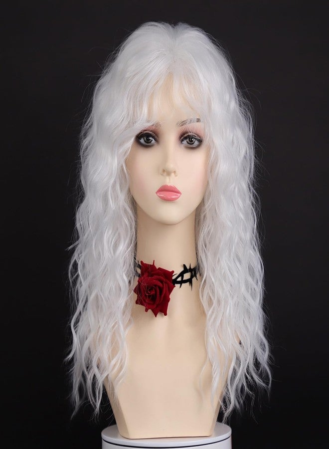 SEVENCOLORS Long White Curly Wigs with Bangs Natural Wavy Synthetic Wigs for Women Fluffy Hair Cosplay Party Costume Wig - Image 2
