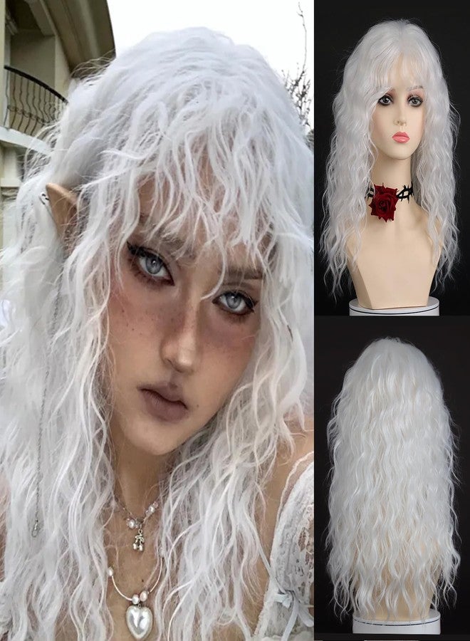SEVENCOLORS Long White Curly Wigs with Bangs Natural Wavy Synthetic Wigs for Women Fluffy Hair Cosplay Party Costume Wig - Image 5