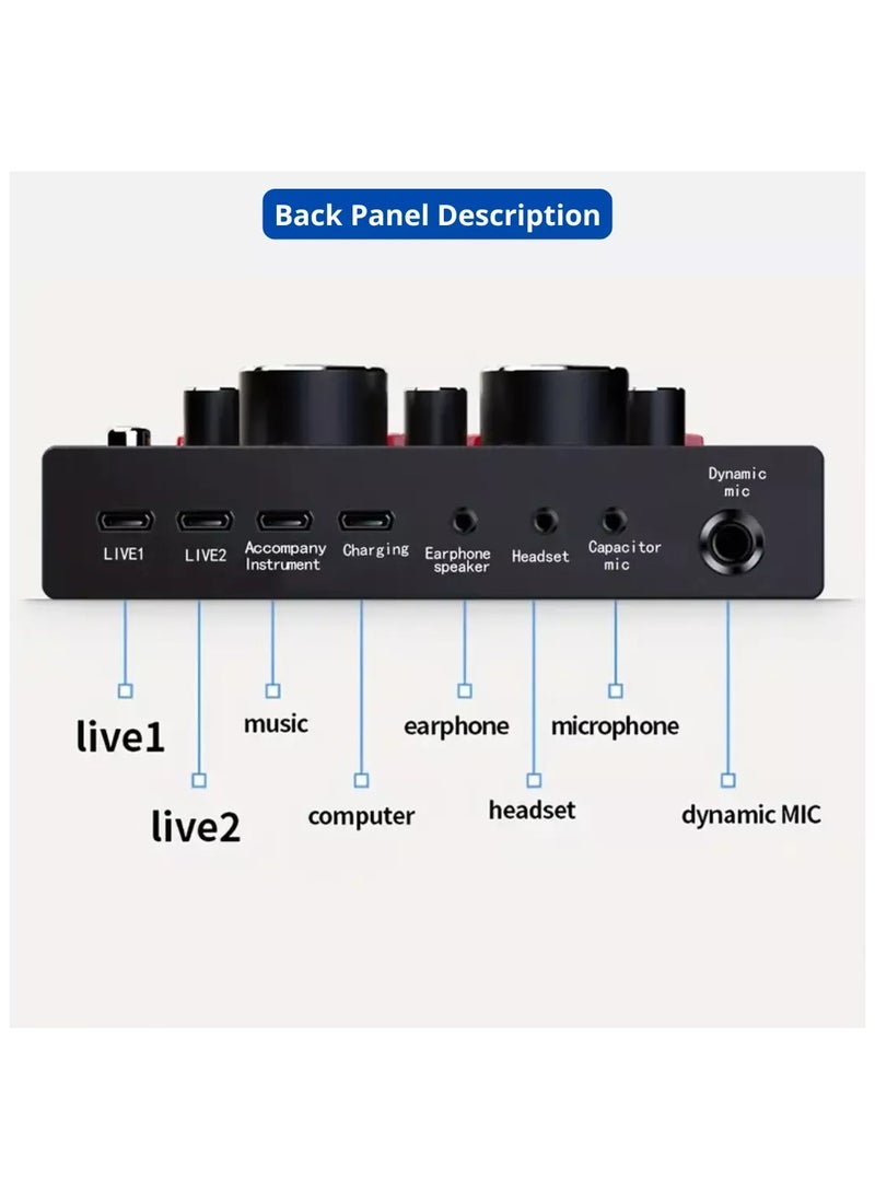 V8 Podcast Live Sound Card, Multiple Sound Effects Voice Changing Mini Sound Mixer Board for Live Streaming Home KTV Singing