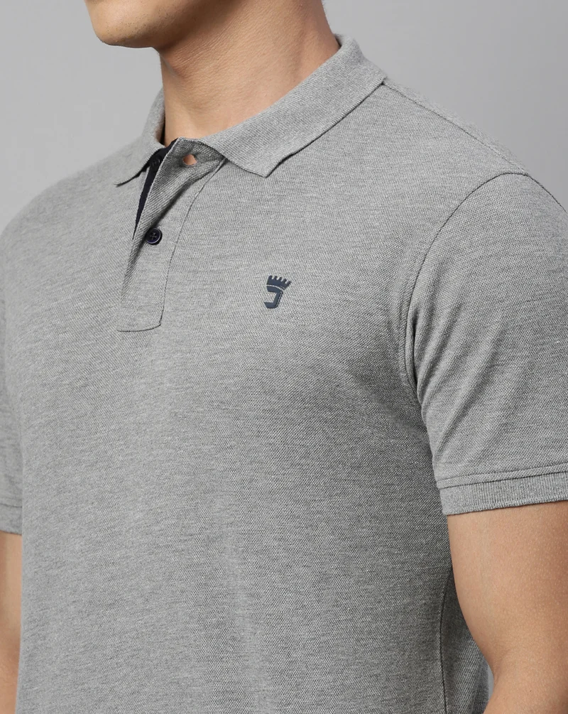 Joven Men Grey Solid Polo Collar Pure Cotton T-Shirt