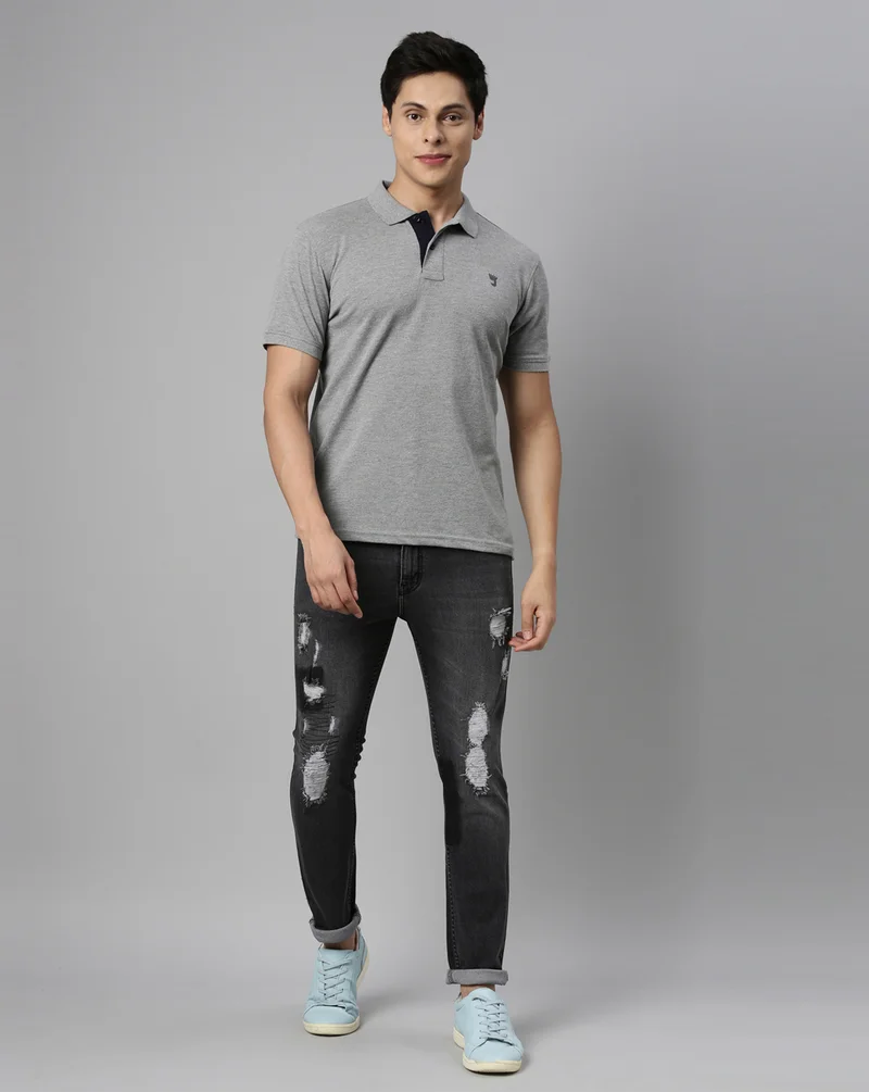 Joven Men Grey Solid Polo Collar Pure Cotton T-Shirt