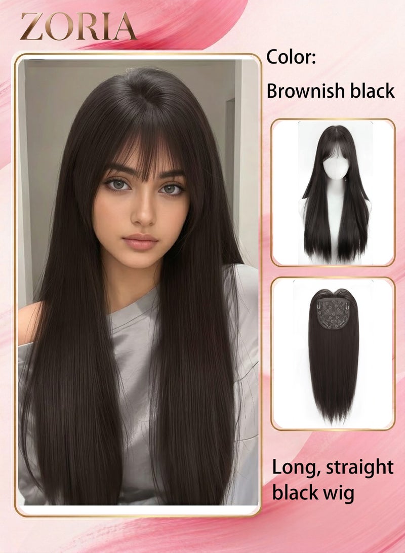 زوريا شعر مستعار طويل مستقيم بني مائل للسواد للنساء، 55 سم، شعر مستعار صناعي مع غرة طبيعية، قطعة شعر واقعية بفروة رأس قابلة للتثبيت بمشابك وقاعدة 15x15 سم، شعر مستعار ناعم مستقيم مقاوم للحرارة للاستخدام اليومي والحفلات والتنكر. - Image 1