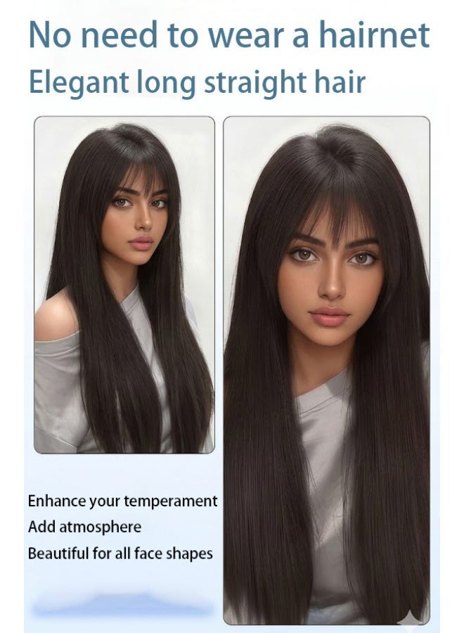 زوريا شعر مستعار طويل مستقيم بني مائل للسواد للنساء، 55 سم، شعر مستعار صناعي مع غرة طبيعية، قطعة شعر واقعية بفروة رأس قابلة للتثبيت بمشابك وقاعدة 15x15 سم، شعر مستعار ناعم مستقيم مقاوم للحرارة للاستخدام اليومي والحفلات والتنكر. - Image 4