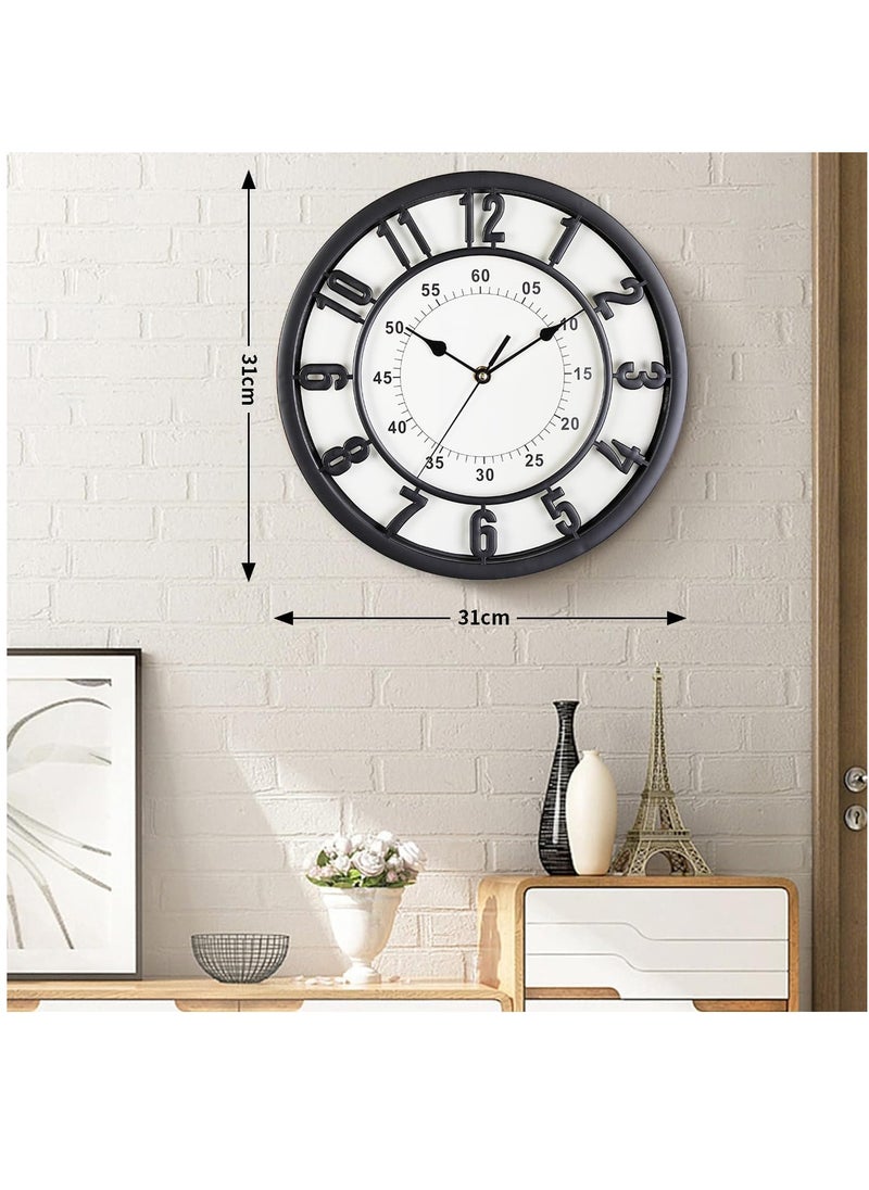 Hihonor - Wall Clock,31 CM Quiet and No Ticking Clock,Easy to Read,Suitable for Home,Office,Classroom,School,Battery Powered Round Wall Clock,Energy Saving,Retro Numerals Style (Black) - Image 1