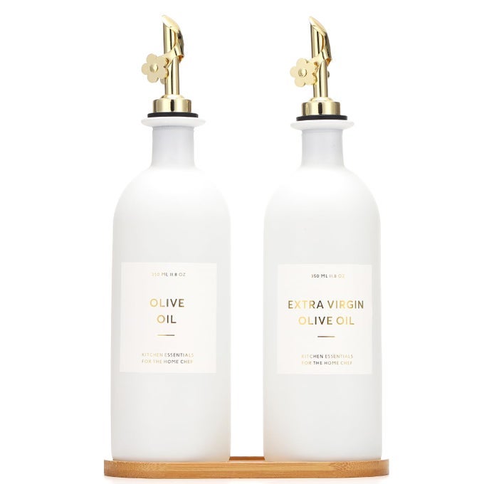 OLIVE OIL DISPENSER FOR KITCHEN 16OZ GLASS OIL BOTTLES WITH BAMBOO TRAY GOLD OILVINEGAR CRUET SET KITCHEN DISPENSER BOTTLES WITH POURER SET OF 2 16OZ GOLD