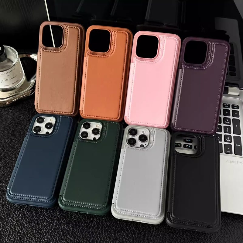 غطاء واقي بPU لـ iPhone 16 / 16 Plus / 16 Pro / 16 Pro Max مع حماية من السقوط وحامل قائم مع مقاوم للصدمات مع حامل بطاقات مع مغناطيس قوي باللون أسود مغناطيسي بوظيفة حامل - Image 2