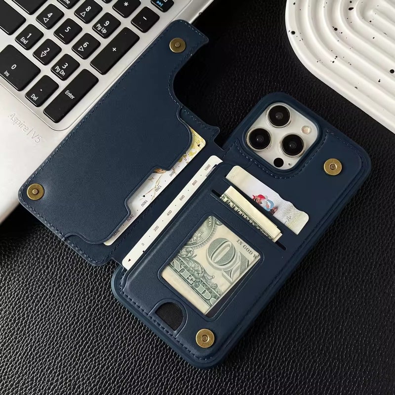 غطاء واقي بPU لـ iPhone 16 / 16 Plus / 16 Pro / 16 Pro Max مع حماية من السقوط وحامل قائم مع مقاوم للصدمات مع حامل بطاقات مع مغناطيس قوي باللون أسود مغناطيسي بوظيفة حامل - Image 3