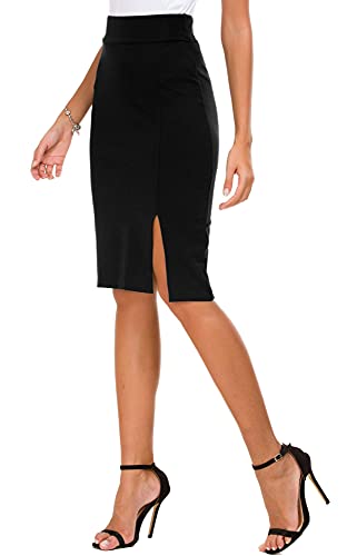 EXCHIC Women's Pencil Skirt Bodycon Business Skirt Side Slit Hem (M, Black) - Image 2