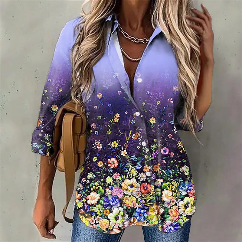 بلوزة نسائية واسعة بطبعة زهور بأكمام طويلة - Image 4